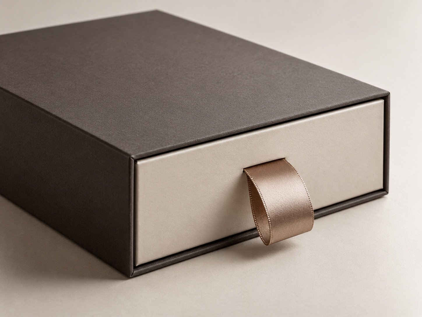 Rigid gift box with a satin ribbon pull-tab closure and soft-touch matte finish