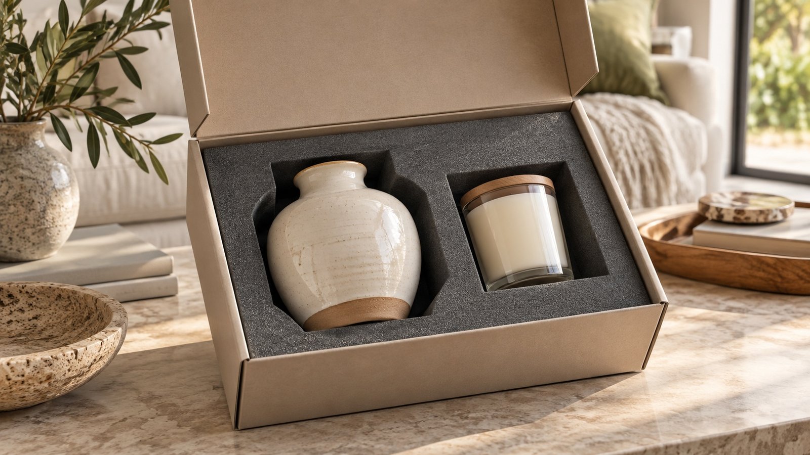 Sturdy paperboard box with a fitted insert holding a glass candle jar
