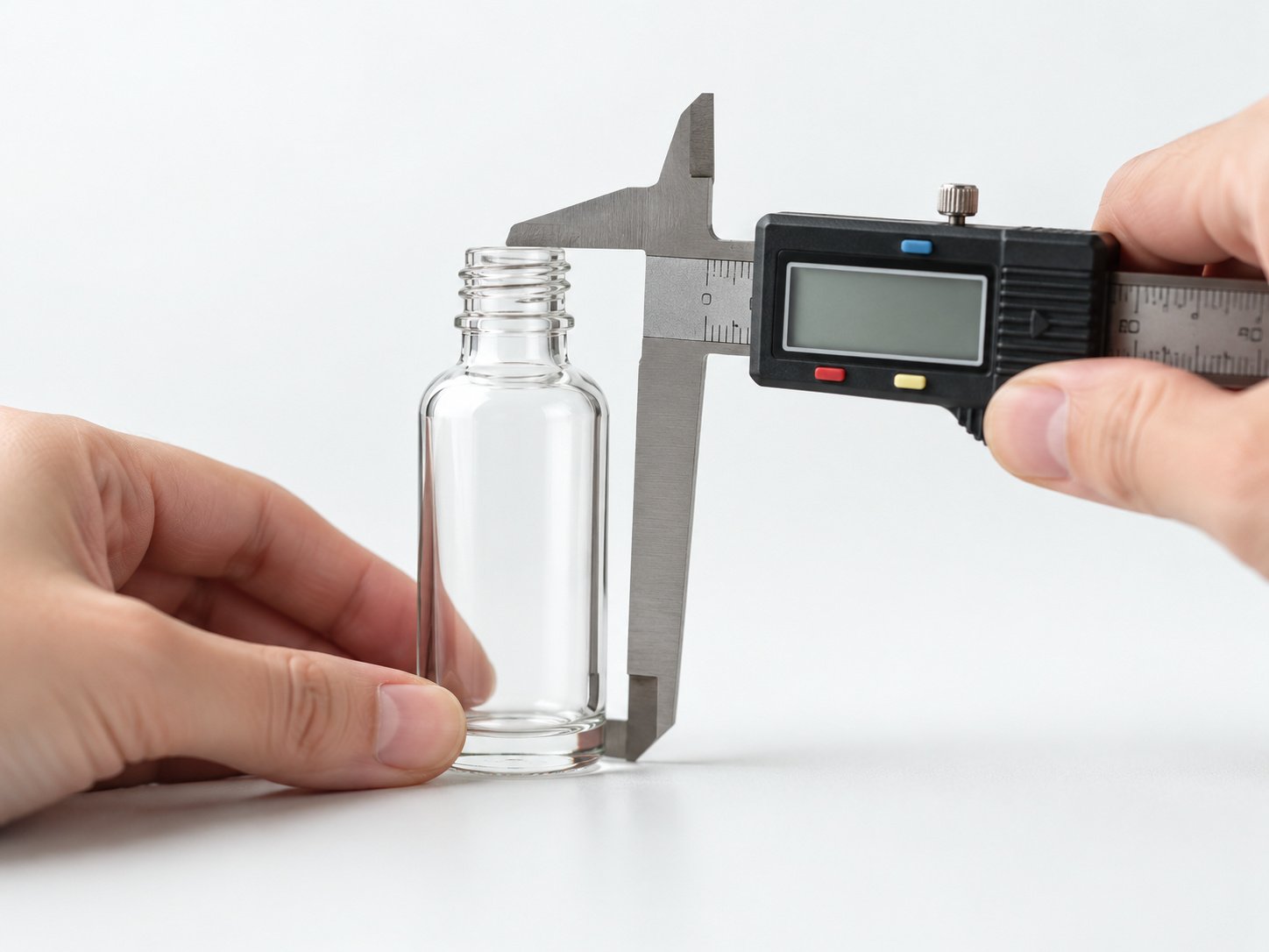 Hands using digital calipers to measure a small glass bottle for a packaging quote