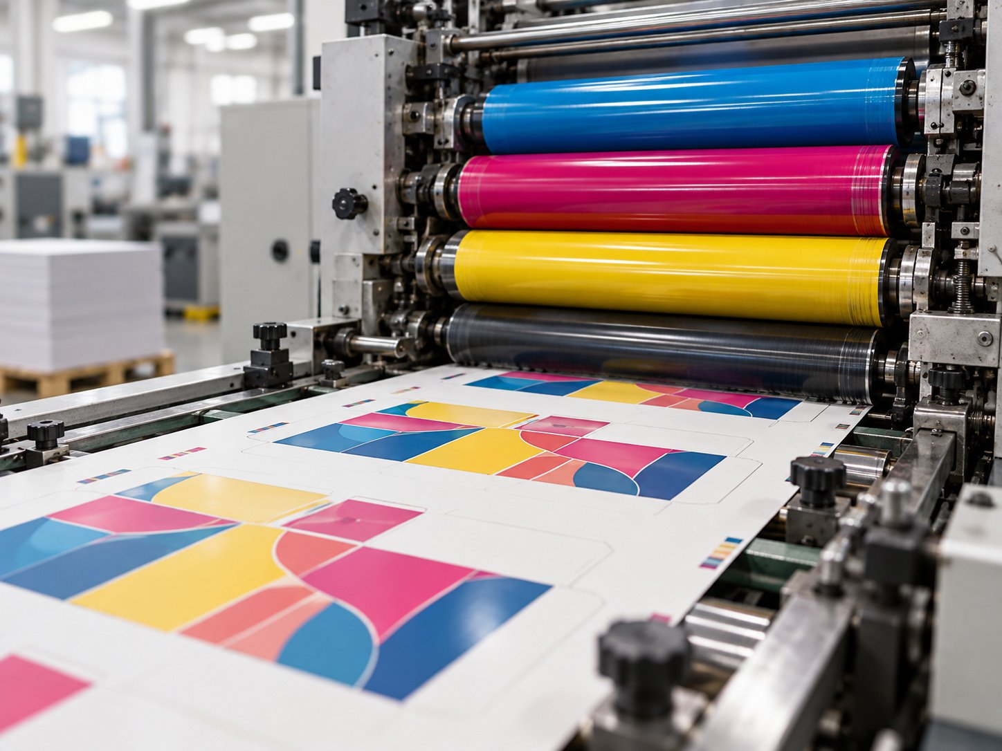 Printing press mid-run with ink applied to paperboard sheets
