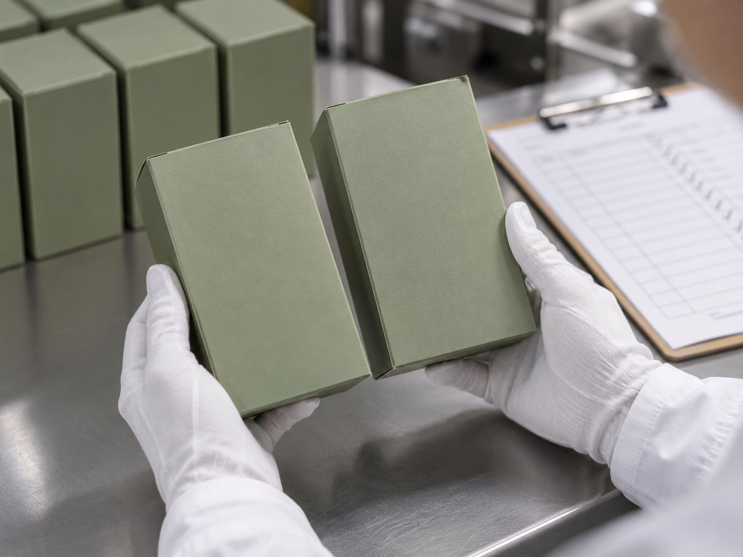 Quality control check comparing a finished box against an approved reference sample