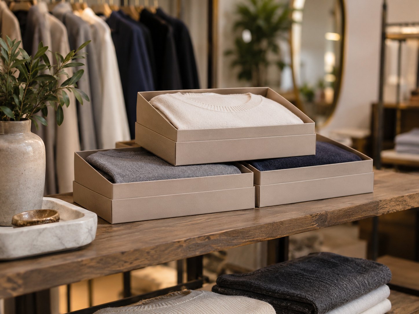 Retail shelf display of neatly stacked apparel packaging boxes