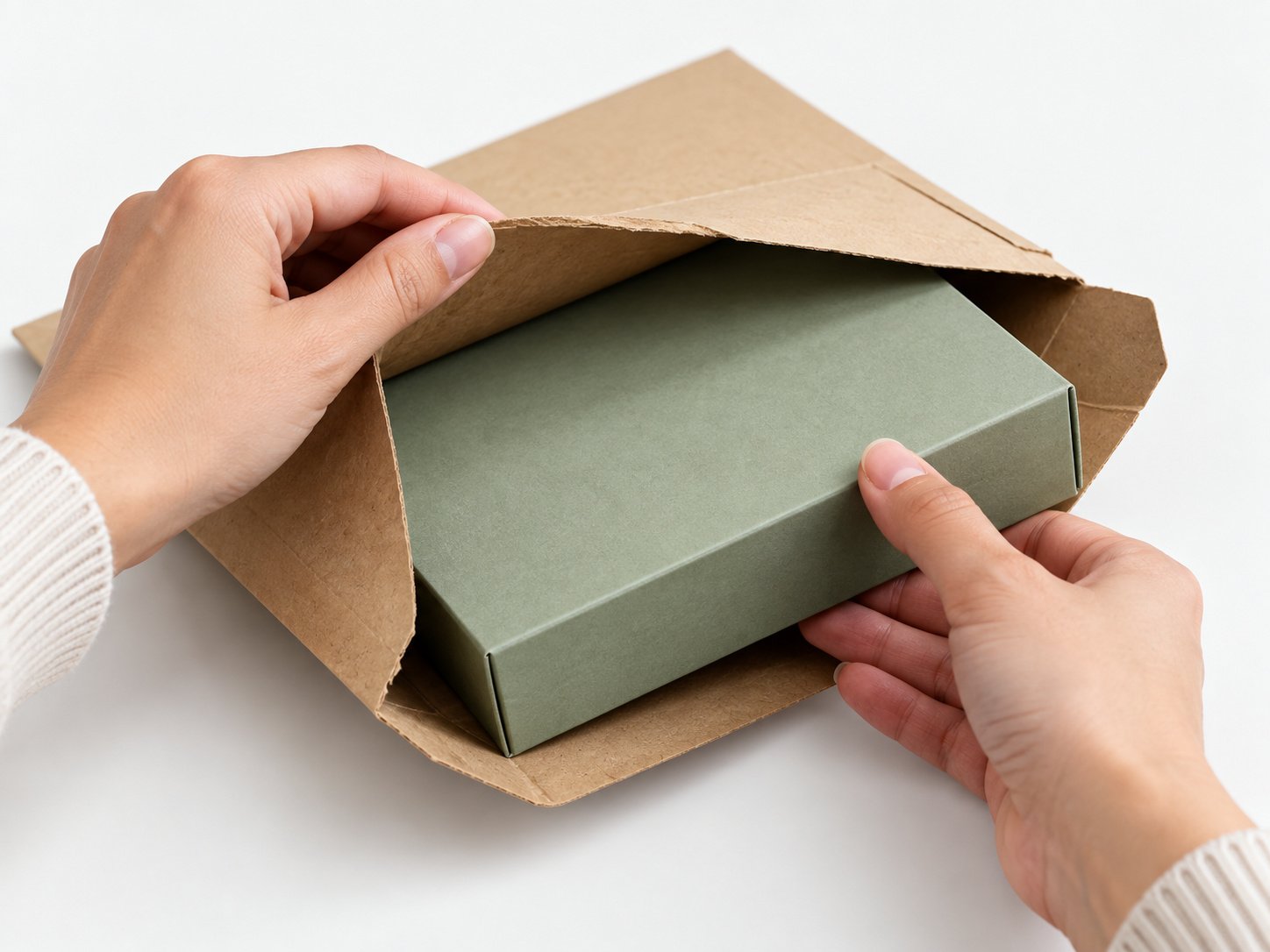 A folded rigid box sample being unwrapped from a small shipping envelope
