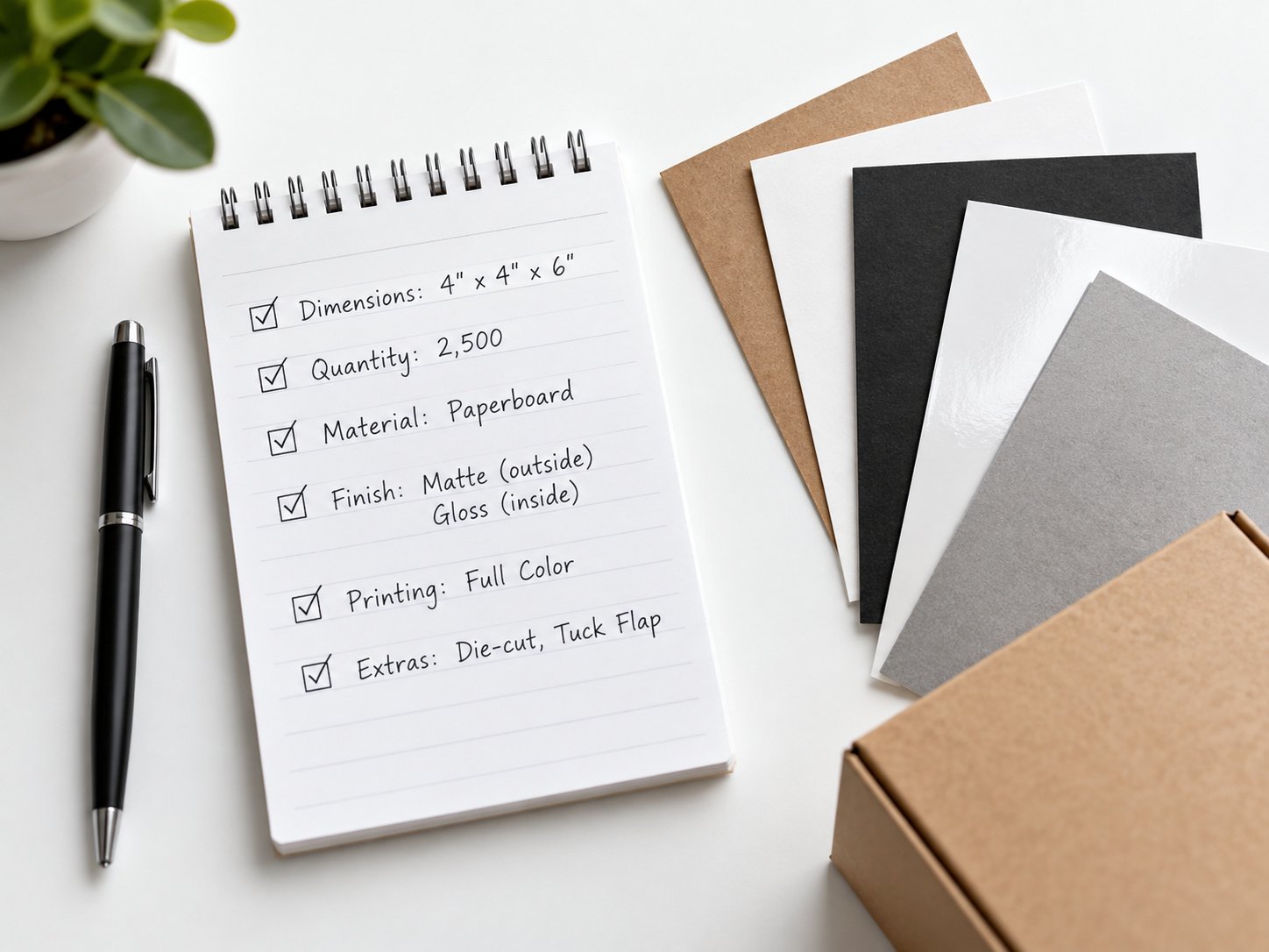 Flat-lay of a packaging spec checklist next to paperboard finish swatches