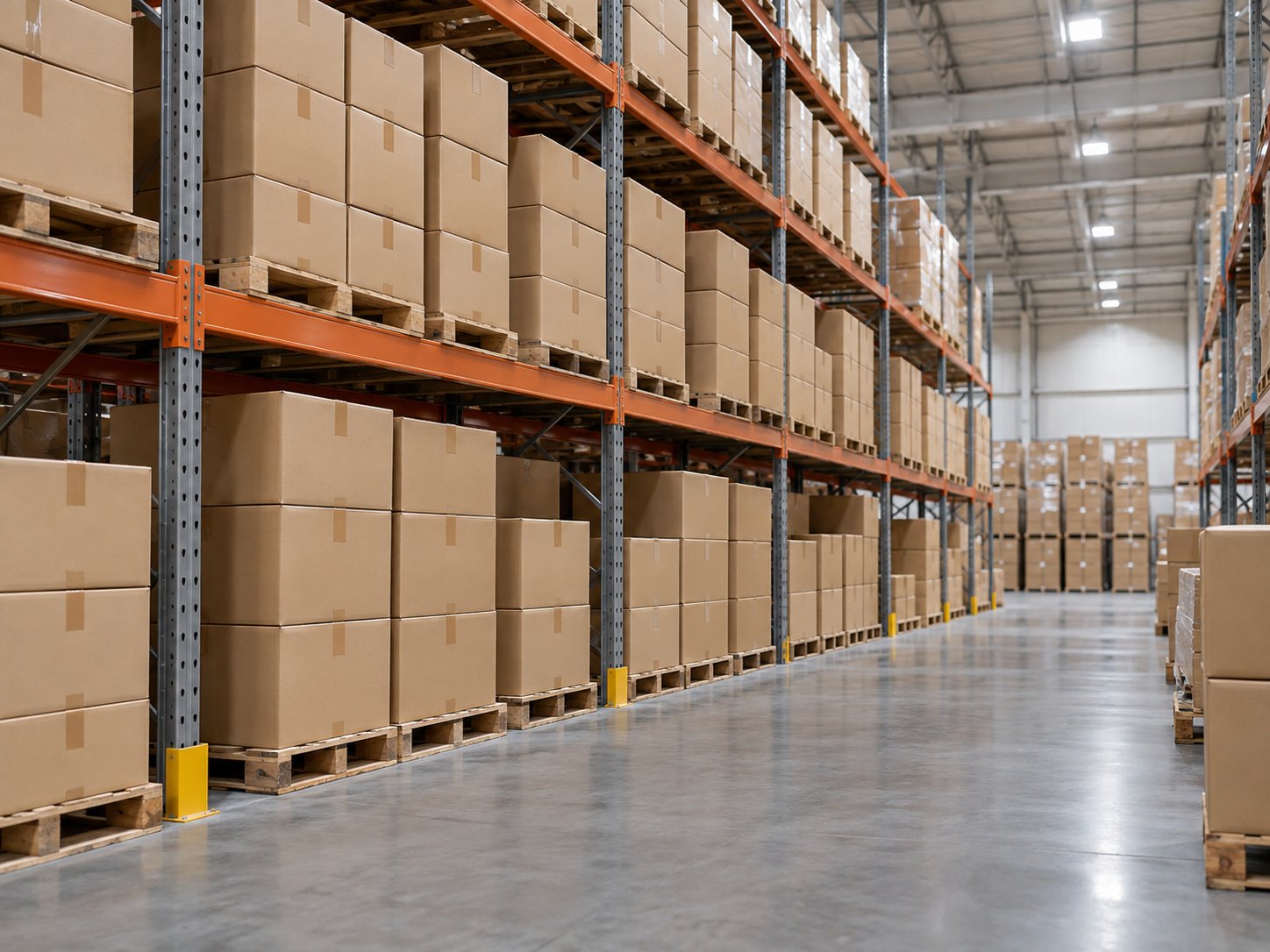 Warehouse shelving stacked with plain stock kraft boxes