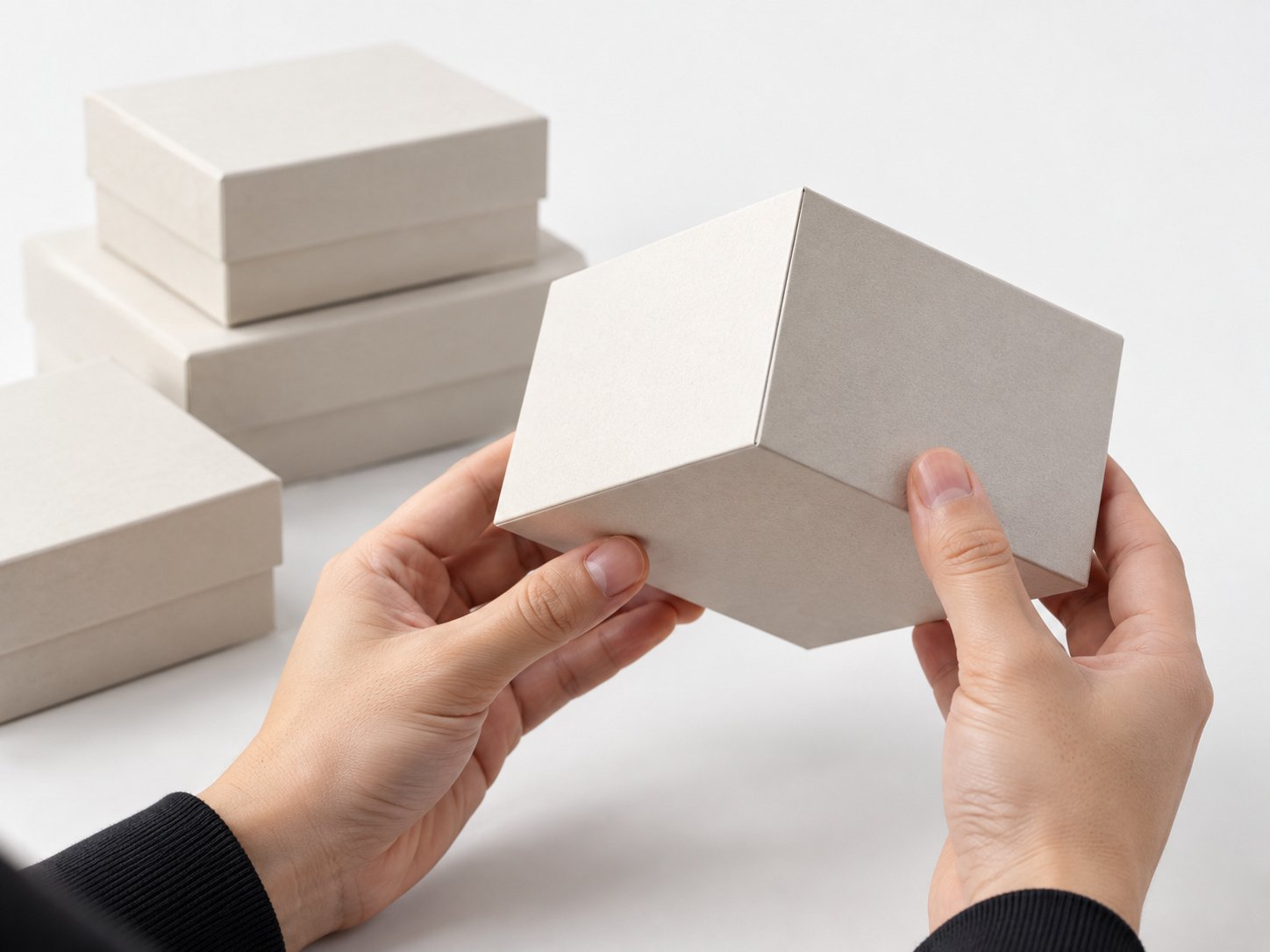 Hands inspecting a rigid gift box sample for seam quality and print alignment