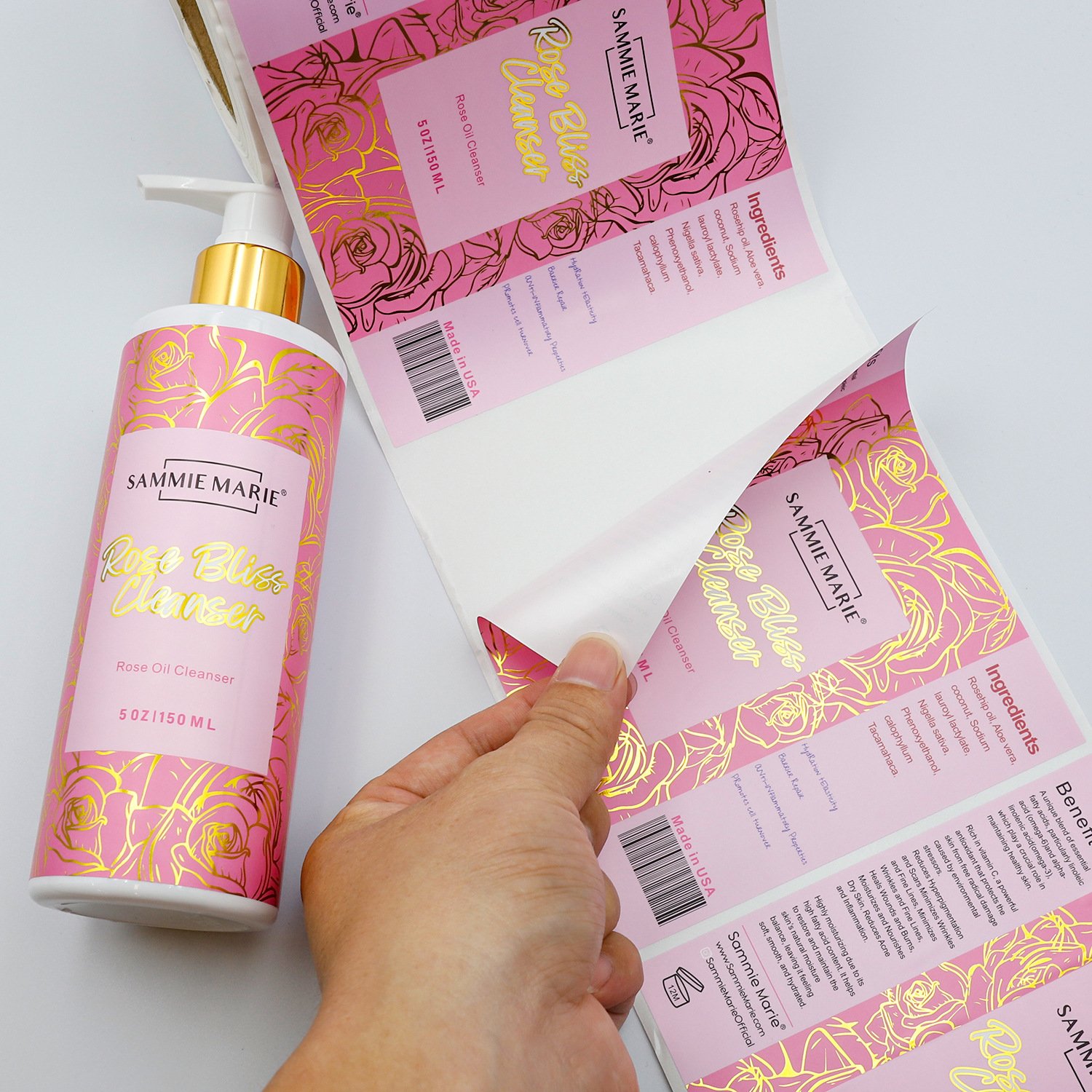 Custom color labels applied to product packaging via labeling machine