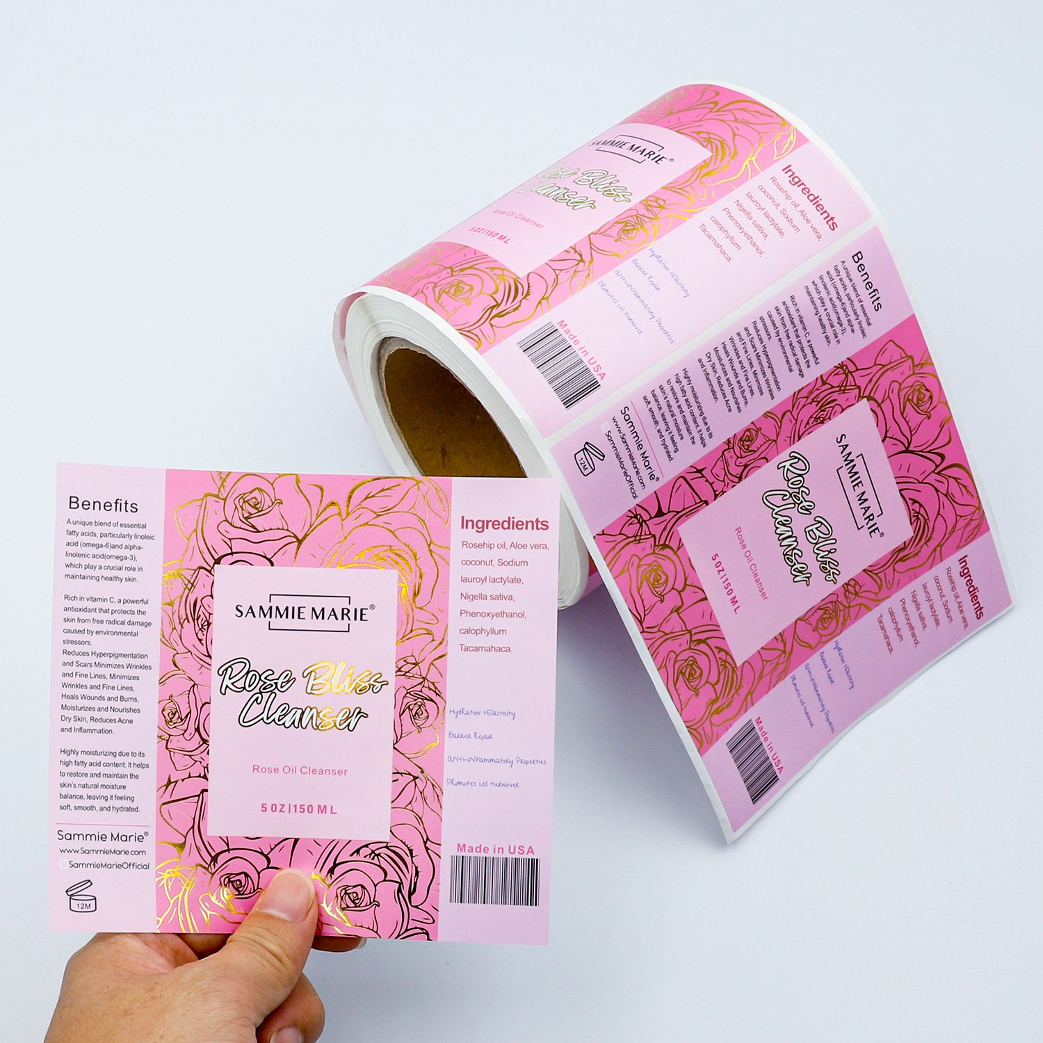 Close-up of logo hot stamping on custom coated paper label