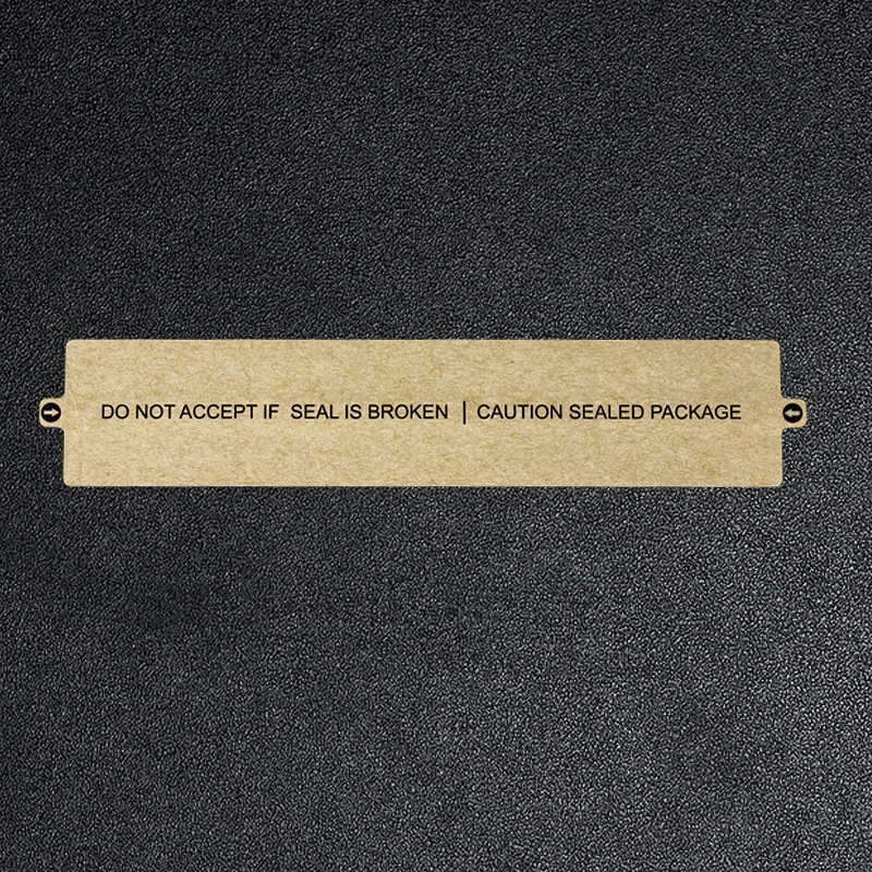 Close-up of custom slogan printed on kraft tamper-evident seal