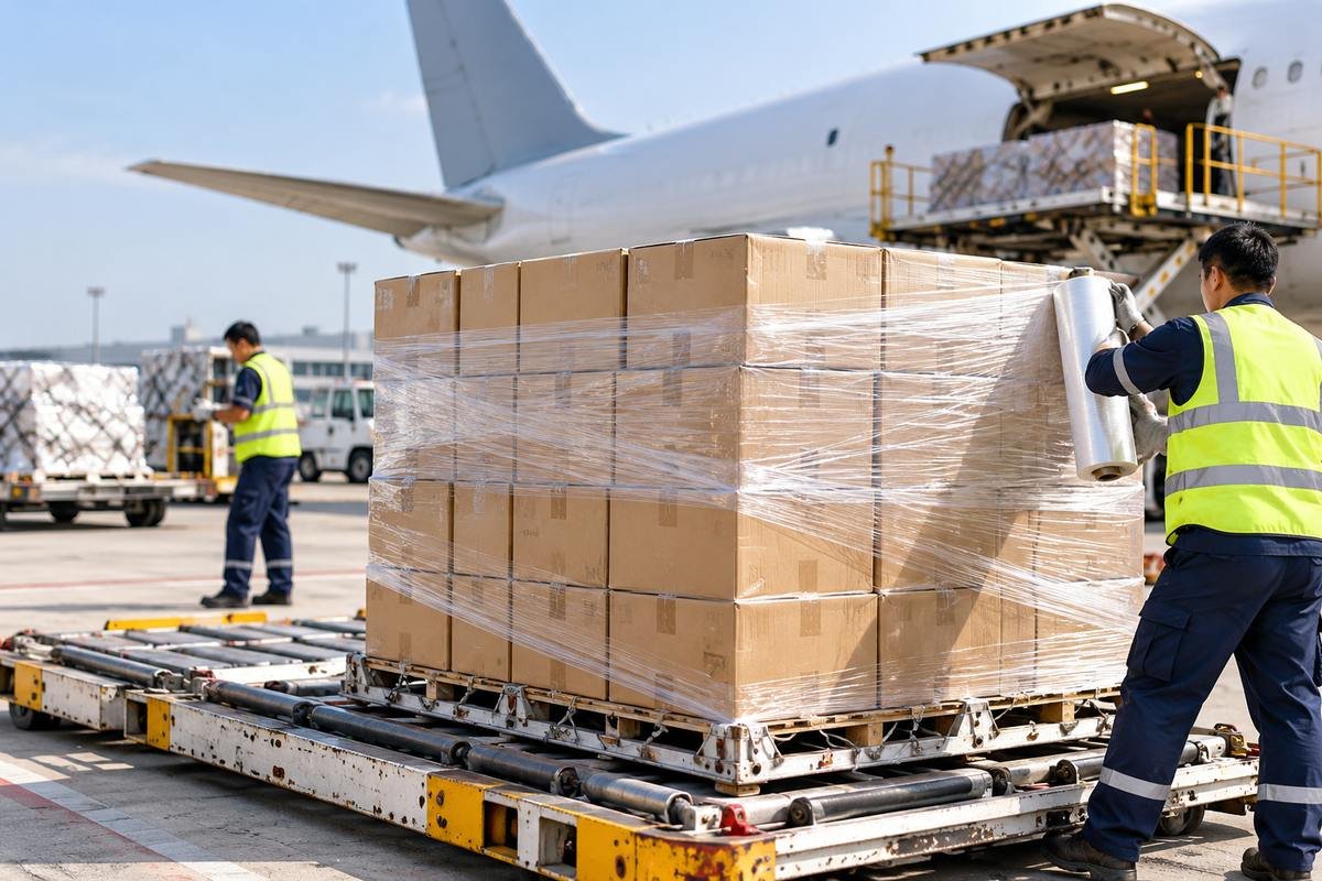 Compact cartons of collapsible boxes being loaded for urgent air freight