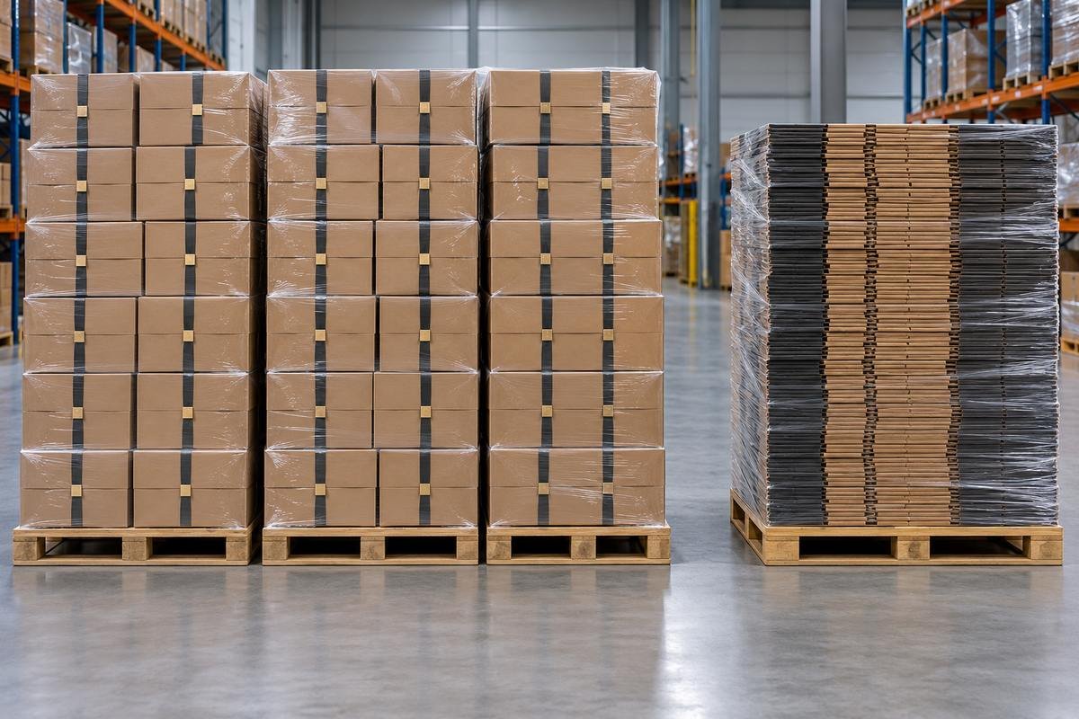 Three pallets of assembled boxes next to one pallet of flat-packed collapsible boxes