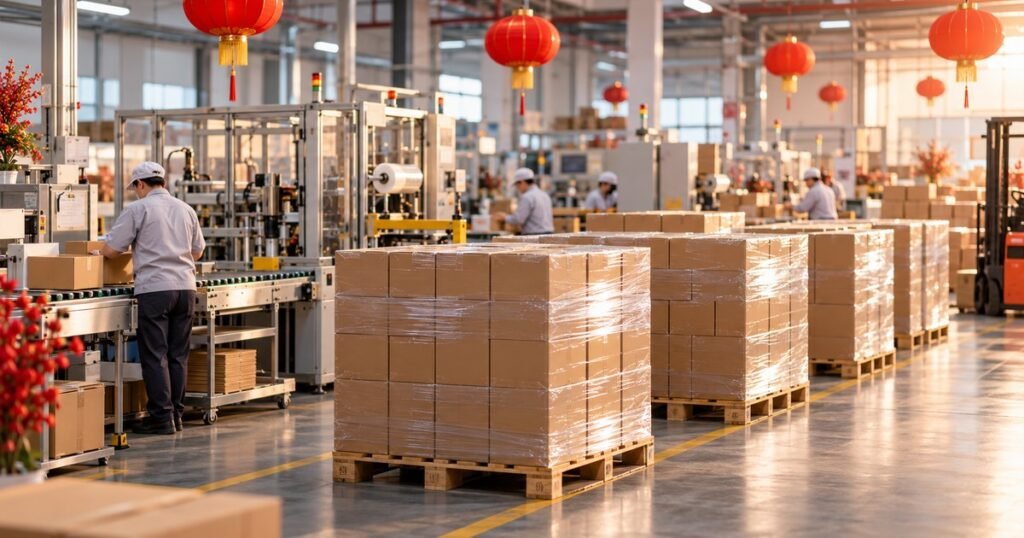 Red lanterns hanging above a packaging factory floor with stacked cartons ready to ship