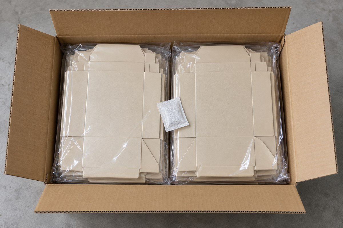 Collapsible gift boxes packed flat inside a double-wall export carton