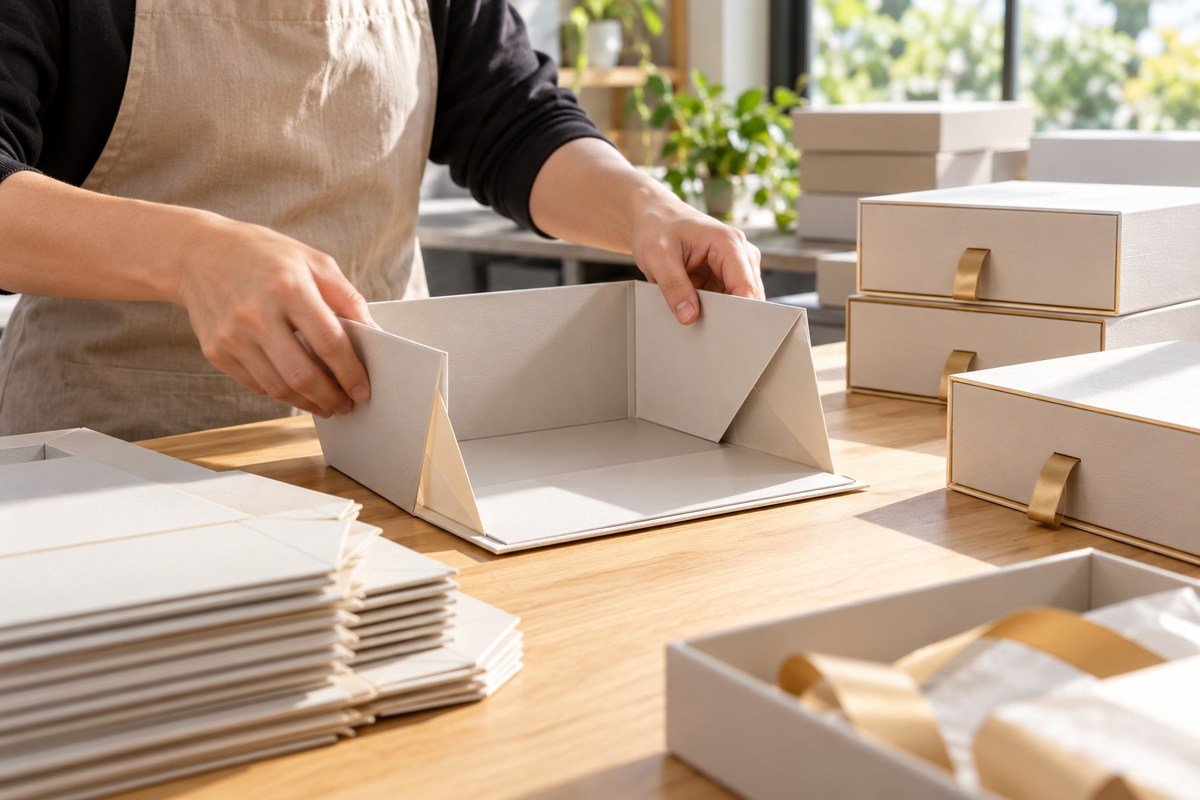 Warehouse worker assembling a collapsible rigid box in seconds without glue