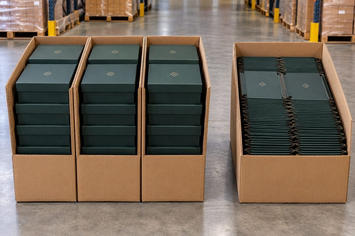 Collapsible boxes packed flat in one carton compared with assembled boxes filling three cartons
