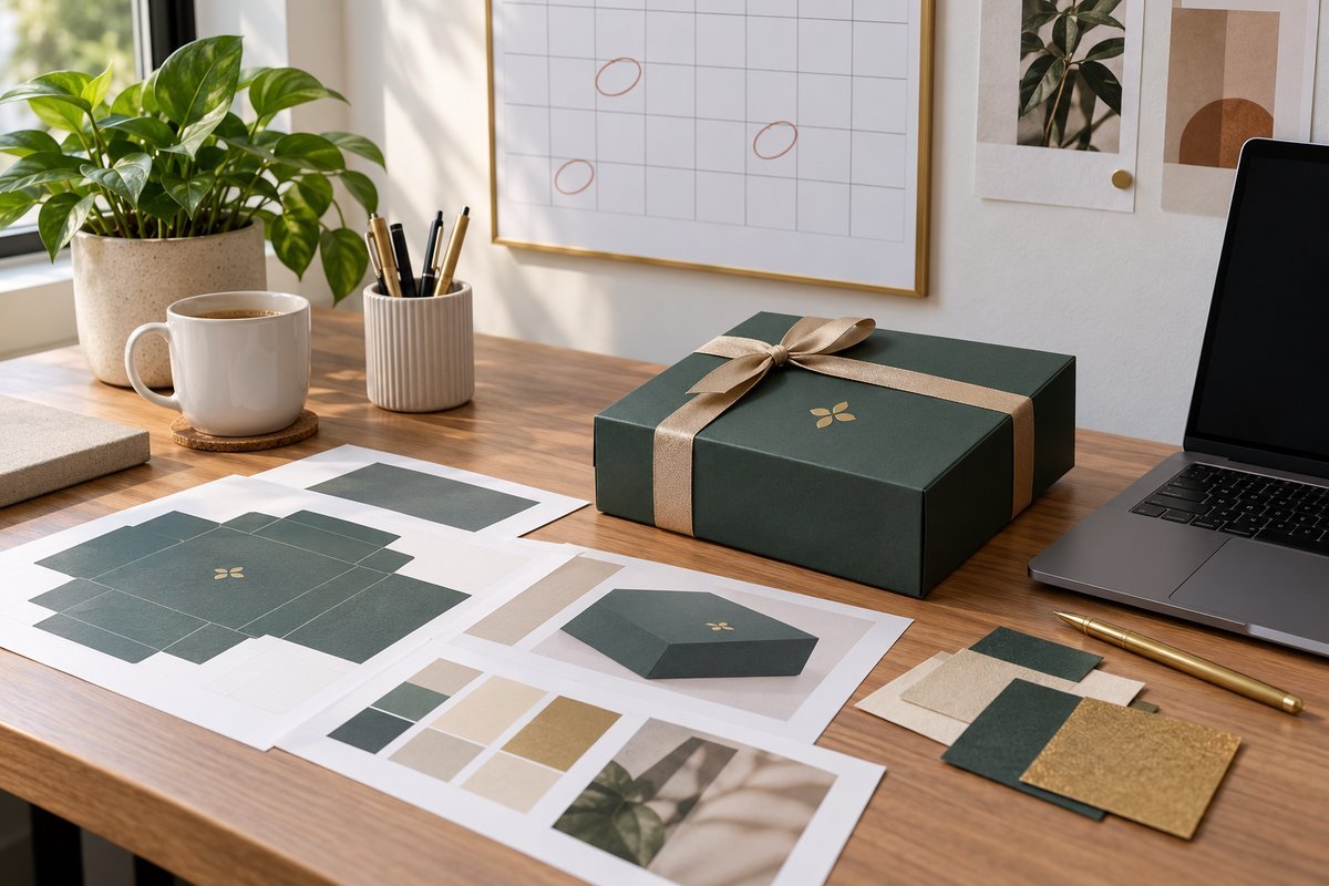 Wall calendar, gift box sample and artwork proofs used to plan a corporate gifting order