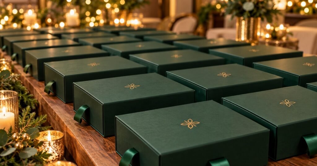 Rows of branded corporate gift boxes with ribbon ready for year-end delivery