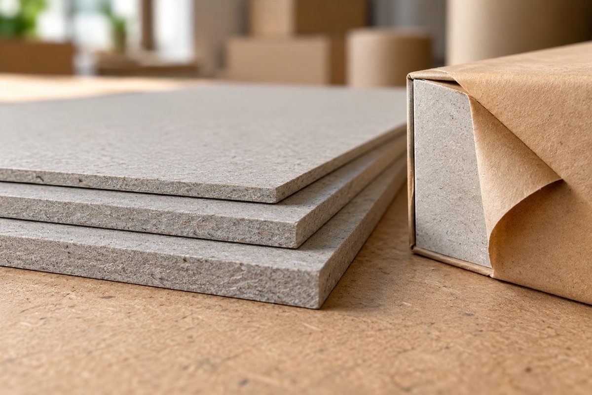 Close-up of greyboard sheets of different thickness used in rigid gift boxes