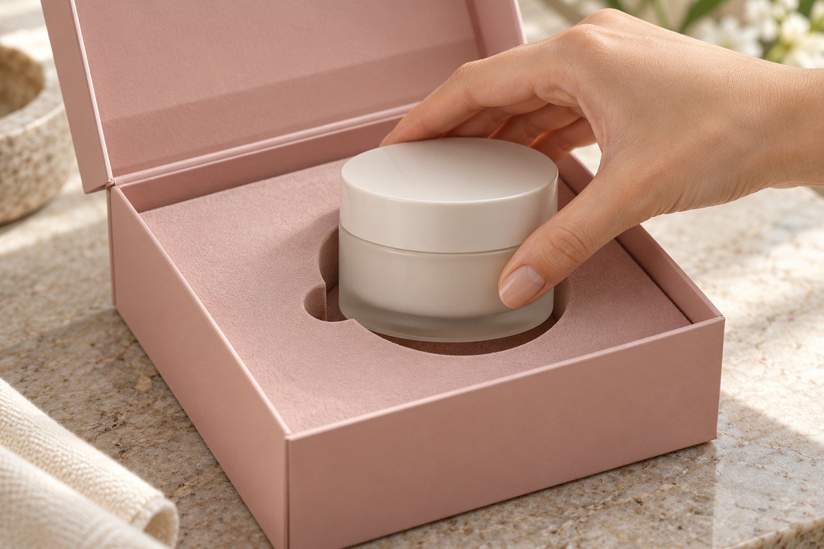 Hand placing a product into a fitted packaging insert to test the fit
