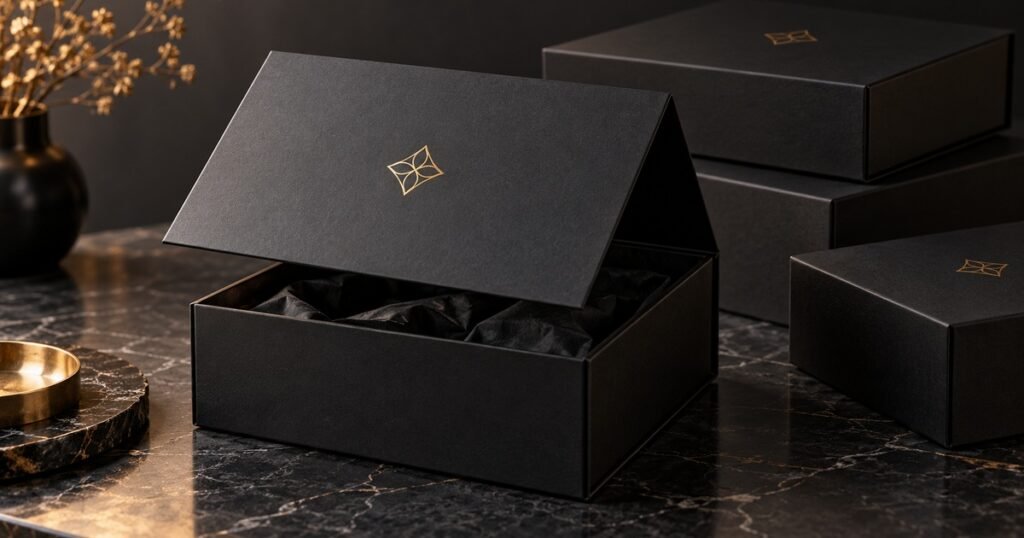 Black magnetic closure gift box half open with a gold foil emblem on the lid