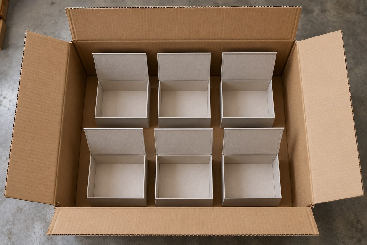 Open carton of pre-assembled rigid boxes showing wasted empty space