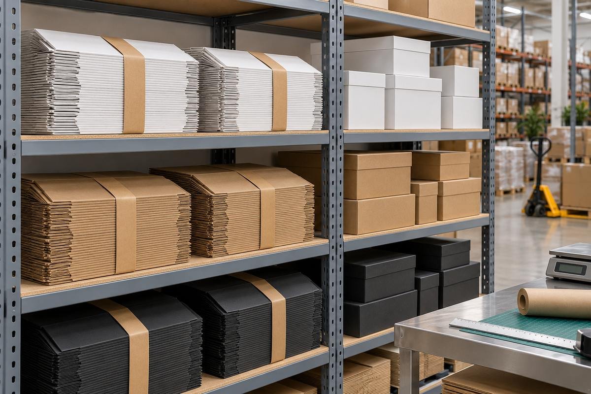 Flat-packed collapsible boxes stored on a shelf in an e-commerce warehouse