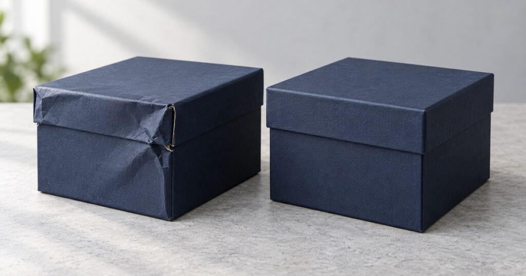 Crushed rigid gift box with dented corners next to an undamaged gift box
