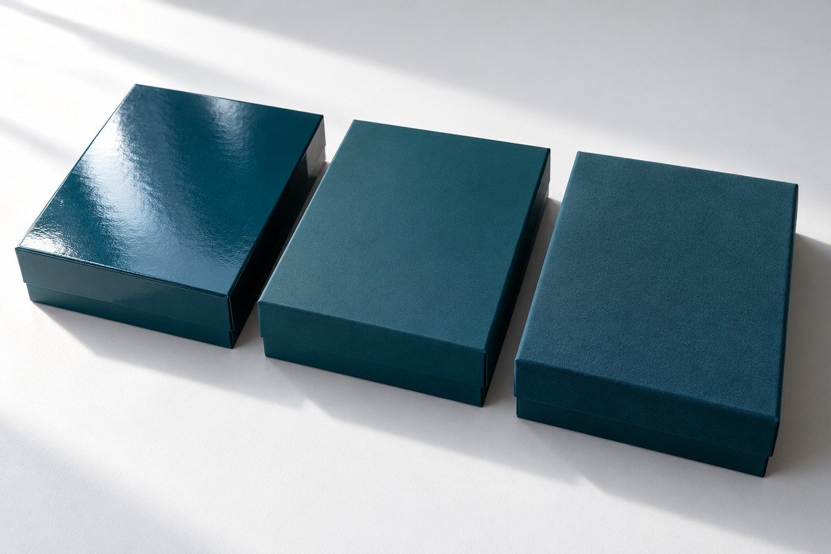 Same printed color shown with gloss, matte and soft-touch lamination