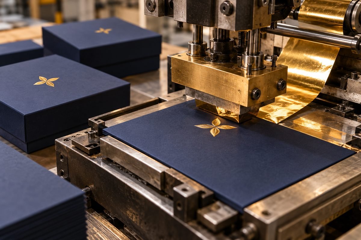 Hot foil stamping machine pressing gold foil onto colored specialty paper