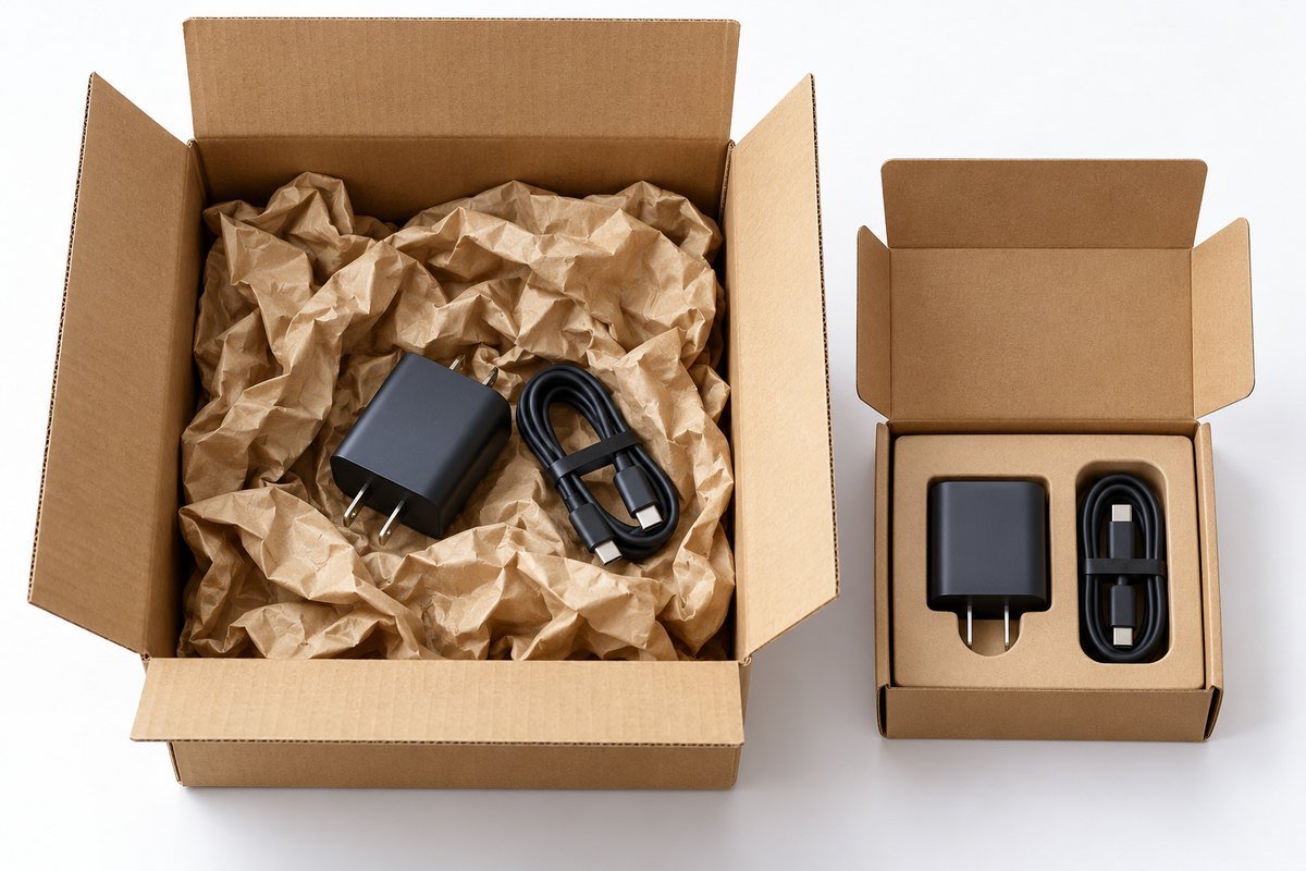 Oversized box with filler next to a right-sized box with a fitted insert for the same product