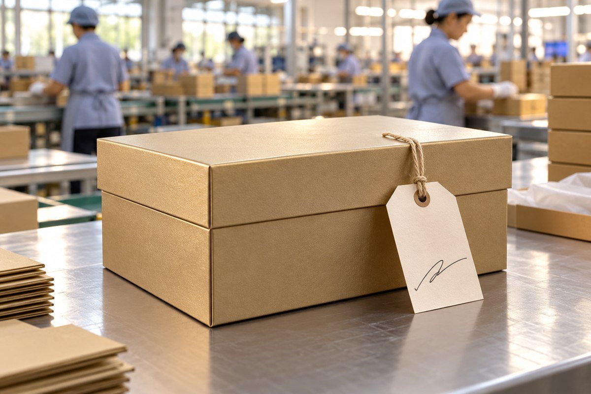 Approved golden sample box with a signed approval tag in a packaging factory
