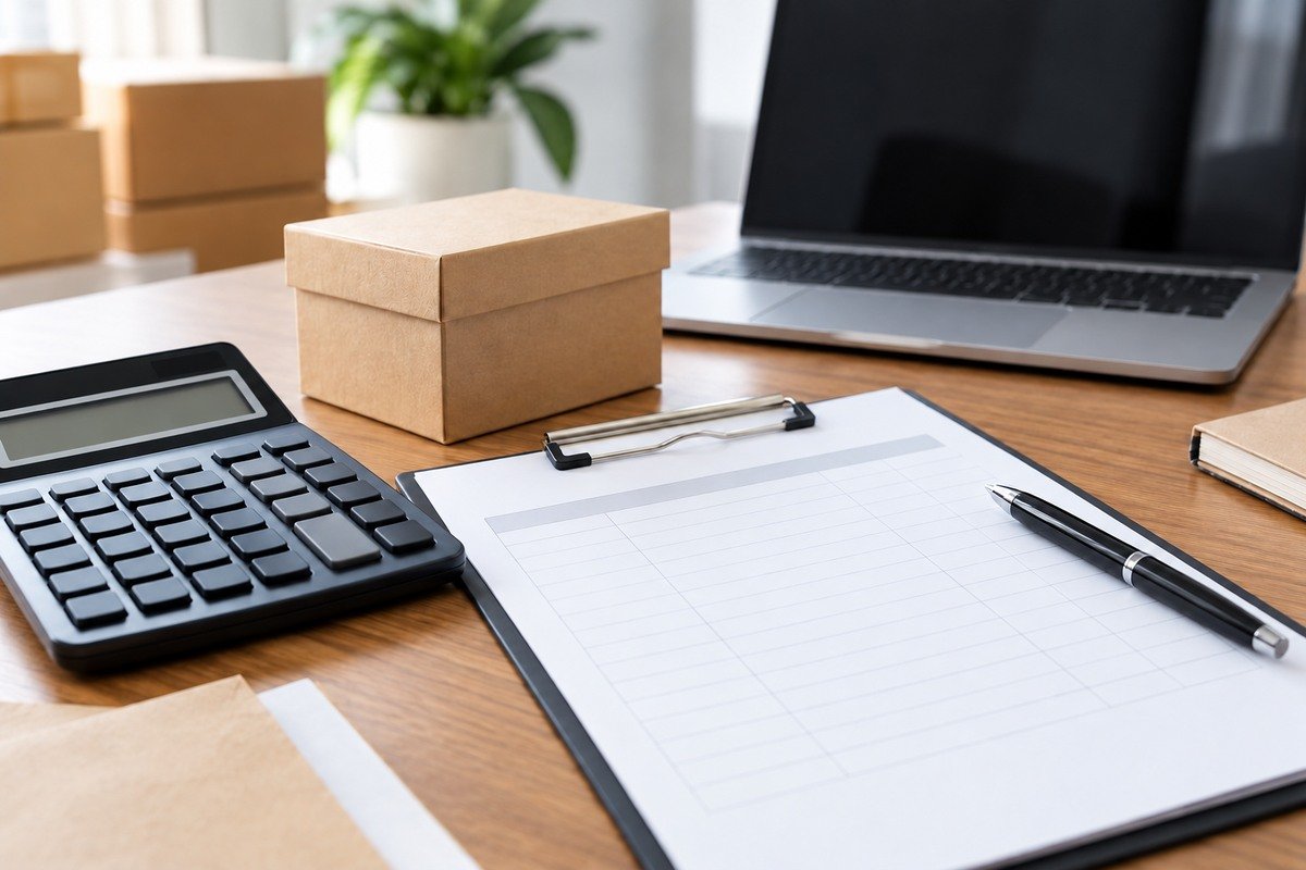 Calculator, invoice and sample gift box on a desk while calculating landed cost