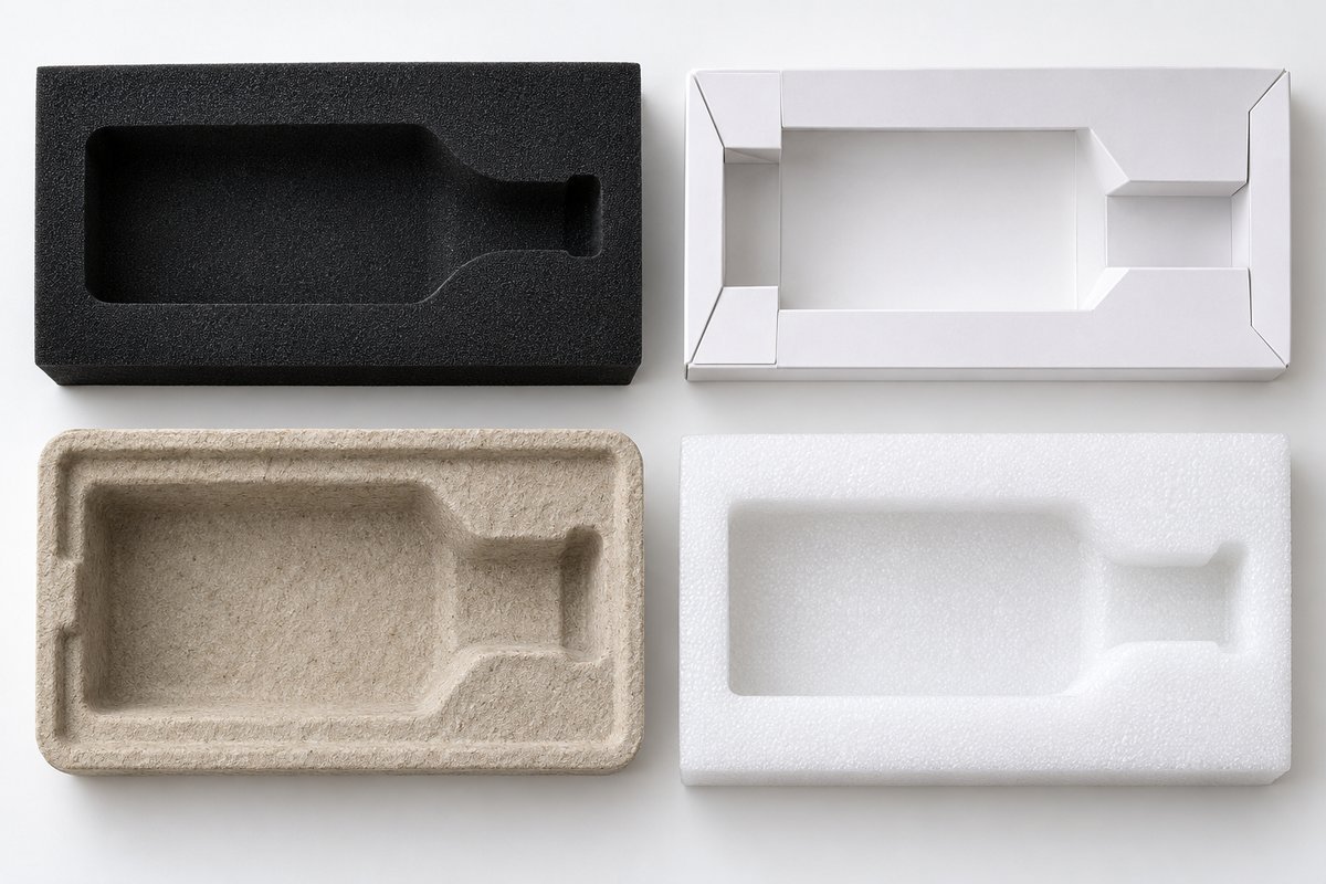 Four packaging insert materials: EVA foam, paper card, molded pulp and PE foam