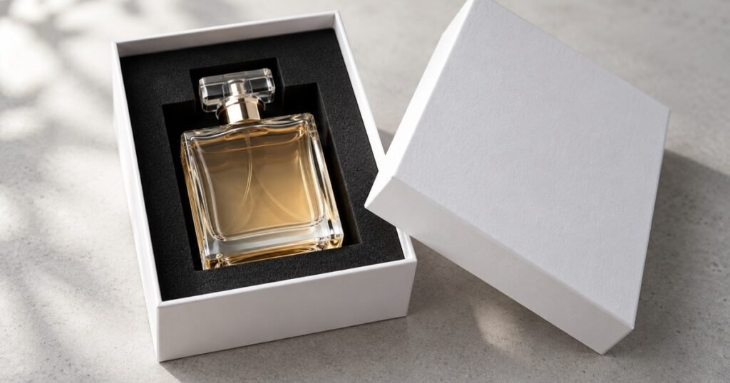 Open rigid box with a black EVA foam insert holding a glass perfume bottle