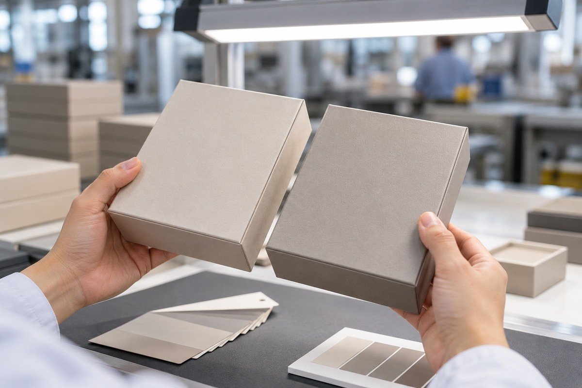 Hands comparing a pre-production sample box against the original box