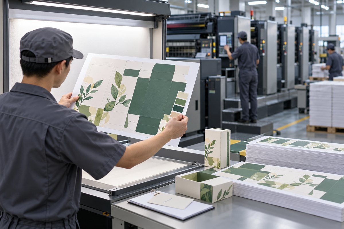 Press operator checking a printed packaging color proof under a viewing light