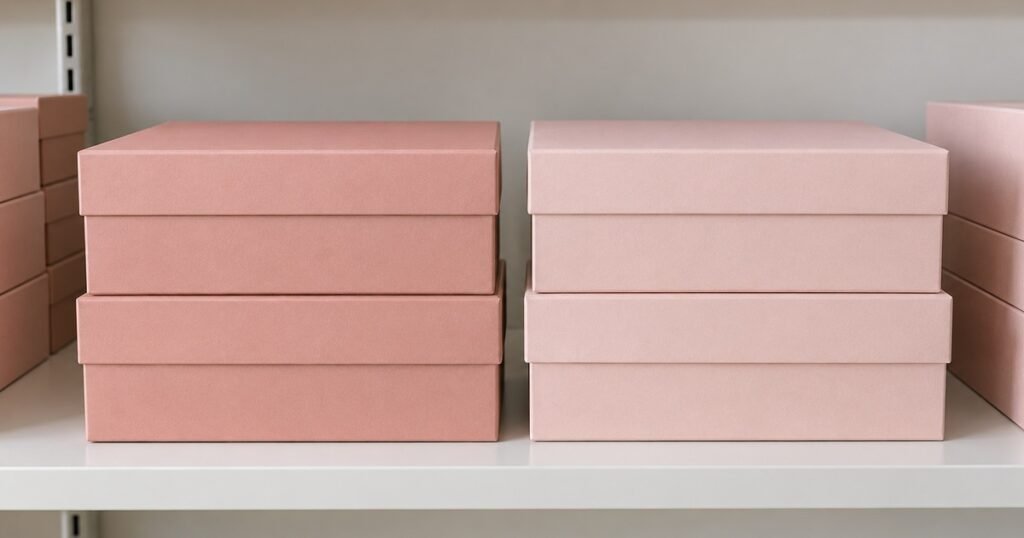 Two batches of blush pink gift boxes with slightly different colors side by side