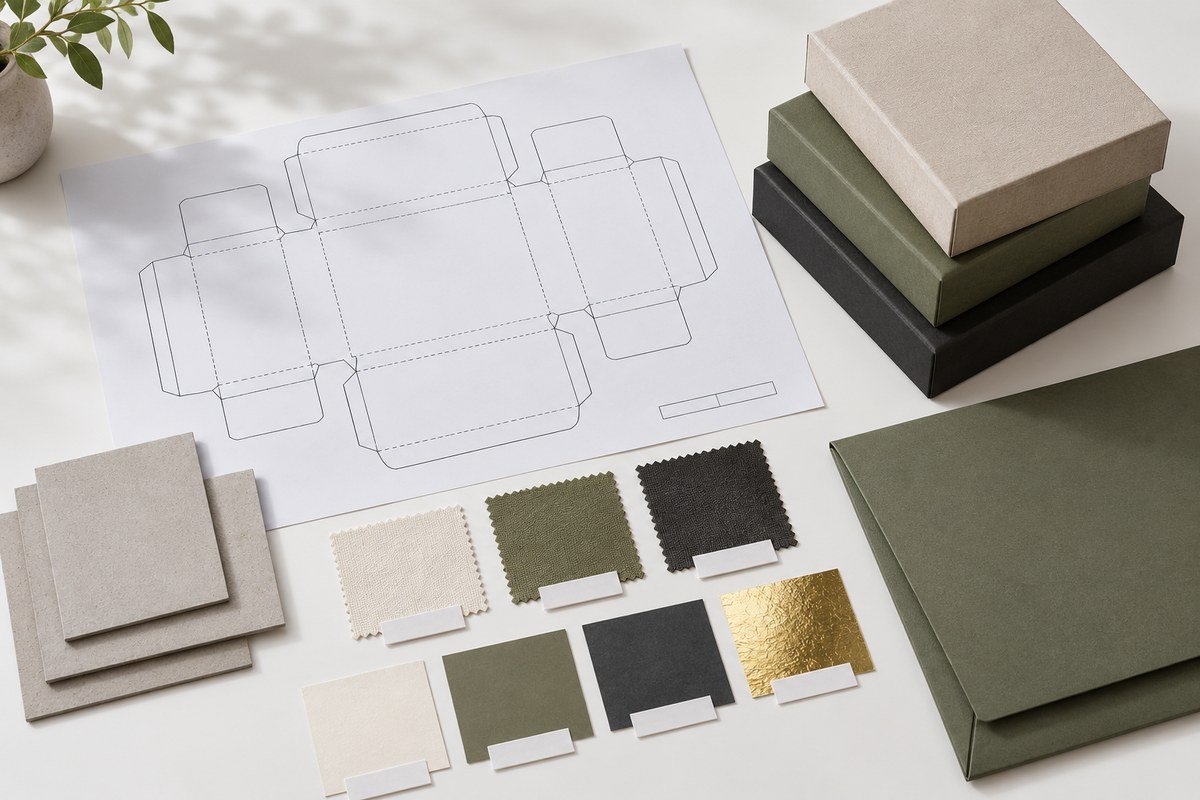 Packaging specification pack with dieline, material samples and finished boxes