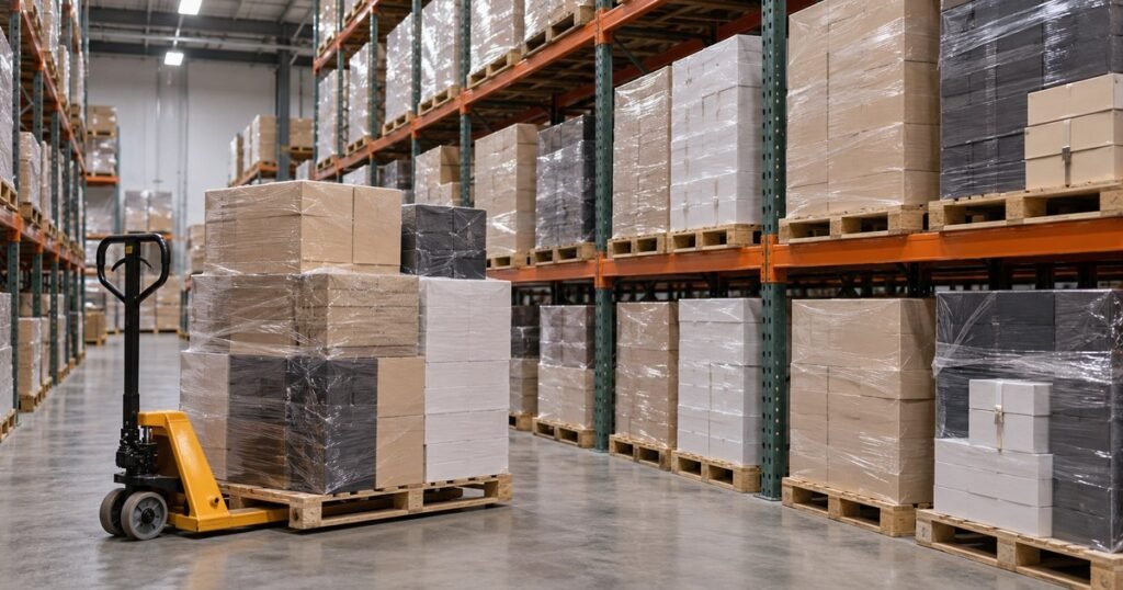 Warehouse pallet racking filled with pallets of empty pre-assembled packaging boxes