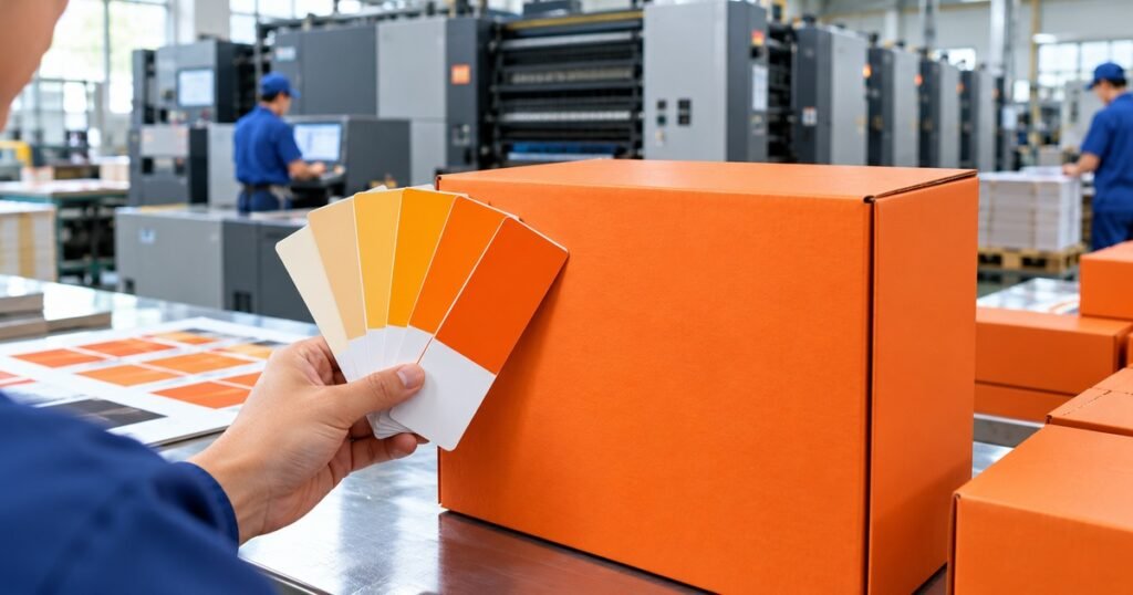Color swatch fan held against a printed custom box to check brand color match