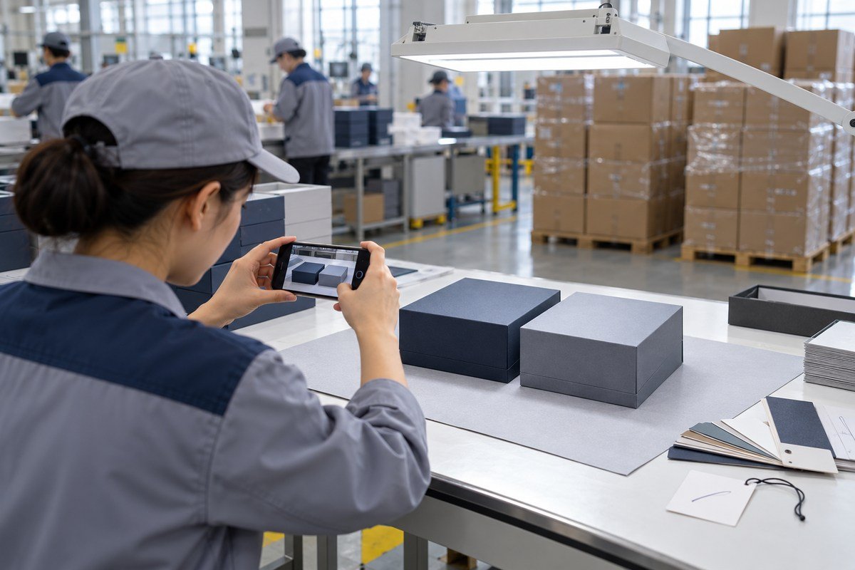 QC inspector photographing a production box next to the golden sample before shipment