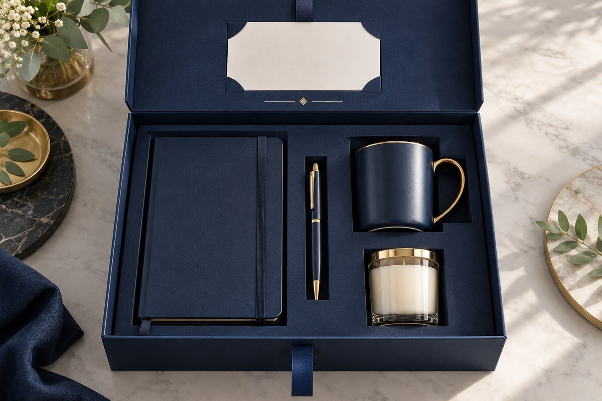 Open premium corporate gift box with fitted insert, foil logo and ribbon pull