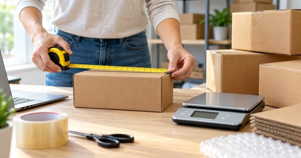 Right-sized product box being measured with a tape measure on a packing table