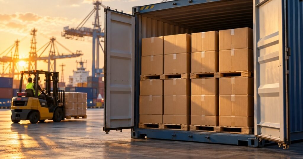 Shipping container half filled with packaging cartons at a port