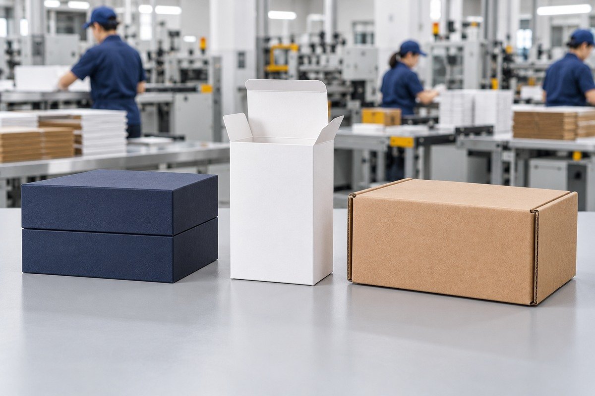 Rigid gift box, folding carton and corrugated mailer box side by side