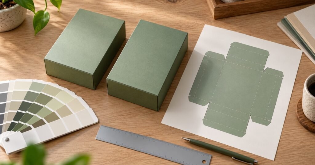 Old and new custom rigid boxes compared side by side with a dieline and color swatches