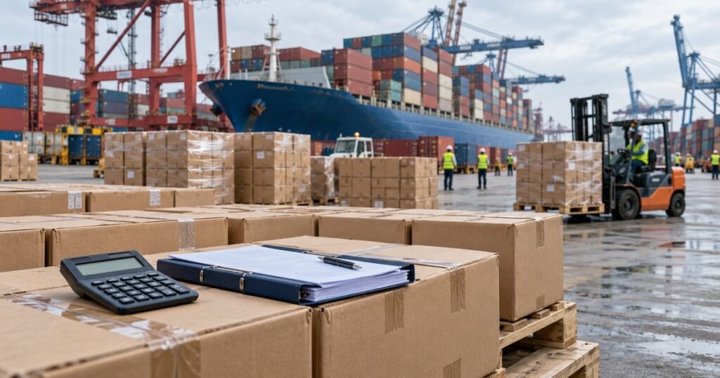 Export cartons of custom packaging stacked at a container port ready for US customs